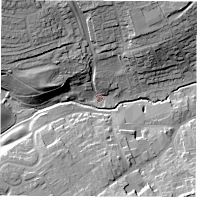 Shaded relief map of the ground around LS260QL, computed from Environment Agency LiDAR. The ground here sits at about 36 m above sea level and falls 36 m across the surrounding 800 m. Surface water reaching this point runs off ground lying to the north-west, 26.7 m higher.