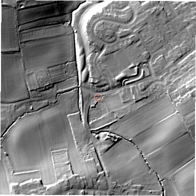 Shaded relief map of the ground around LS260SX, computed from Environment Agency LiDAR. The ground here sits at about 37 m above sea level and falls 20 m across the surrounding 800 m. Surface water reaching this point runs off ground lying to the east, 19.2 m higher.