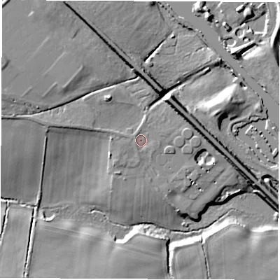 Shaded relief map of the ground around LS268AB, computed from Environment Agency LiDAR. The ground here sits at about 18 m above sea level and falls 12 m across the surrounding 800 m. Surface water reaching this point runs off ground lying to the south-west, 0.7 m higher.