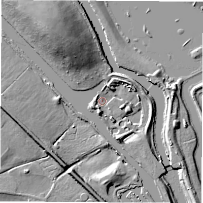 Shaded relief map of the ground around LS268AE, computed from Environment Agency LiDAR. The ground here sits at about 15 m above sea level and falls 23 m across the surrounding 800 m. Surface water reaching this point runs off ground lying to the south-south-east, 6.5 m higher.