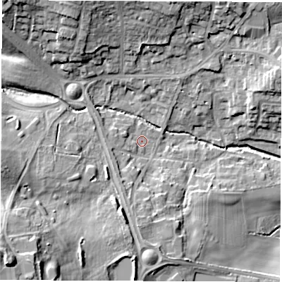 Shaded relief map of the ground around LS268DG, computed from Environment Agency LiDAR. The ground here sits at about 25 m above sea level and falls 32 m across the surrounding 800 m. Surface water reaching this point runs off ground lying to the west-south-west, 3.3 m higher.