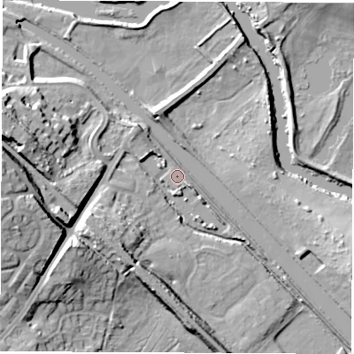 Shaded relief map of the ground around LS268FZ, computed from Environment Agency LiDAR. The ground here sits at about 17 m above sea level and falls 23 m across the surrounding 800 m. Surface water reaching this point runs off ground lying to the north-west, 3.8 m higher.