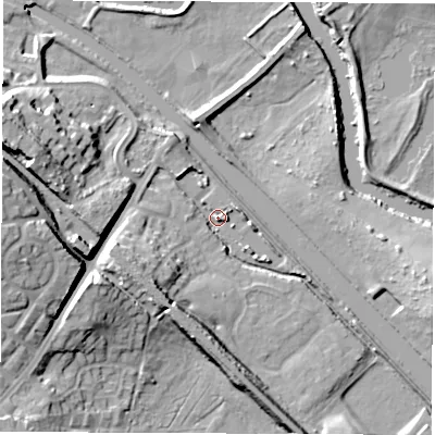 Shaded relief map of the ground around LS268GJ, computed from Environment Agency LiDAR. The ground here sits at about 17 m above sea level and falls 23 m across the surrounding 800 m. Surface water reaching this point runs off ground lying to the west, 20.9 m higher.