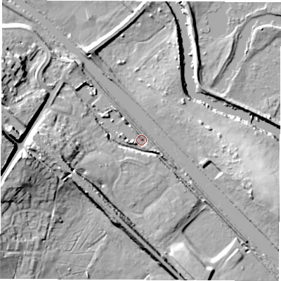 Shaded relief map of the ground around LS268GQ, computed from Environment Agency LiDAR. The ground here sits at about 16 m above sea level and falls 21 m across the surrounding 800 m. Surface water reaching this point runs off ground lying to the east-south-east, 2.1 m higher.