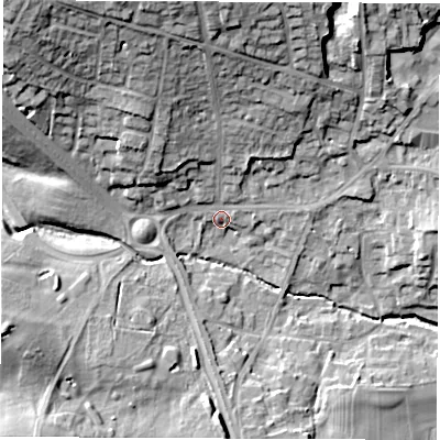 Shaded relief map of the ground around LS268JQ, computed from Environment Agency LiDAR. The ground here sits at about 26 m above sea level and falls 29 m across the surrounding 800 m. Surface water reaching this point runs off ground lying to the north-west, 23.4 m higher.