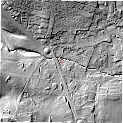 Shaded relief map of the ground around LS268JU, computed from Environment Agency LiDAR. The ground here sits at about 25 m above sea level and falls 37 m across the surrounding 800 m. Surface water reaching this point runs off ground lying to the south-south-west, 3.6 m higher.