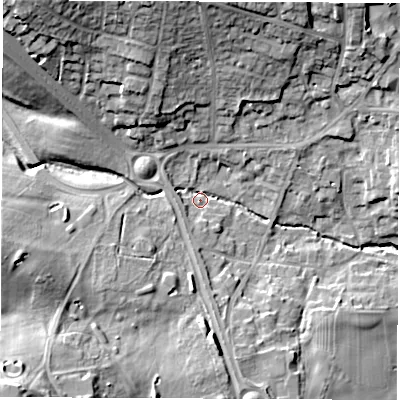 Shaded relief map of the ground around LS268JX, computed from Environment Agency LiDAR. The ground here sits at about 25 m above sea level and falls 34 m across the surrounding 800 m. Surface water reaching this point runs off ground lying to the south-south-west, 3.6 m higher.