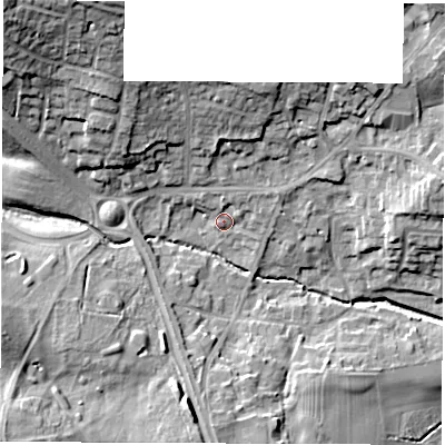 Shaded relief map of the ground around LS268LB, computed from Environment Agency LiDAR. The ground here sits at about 26 m above sea level and falls 27 m across the surrounding 800 m. Surface water reaching this point runs off ground lying to the north-west, 22.5 m higher.