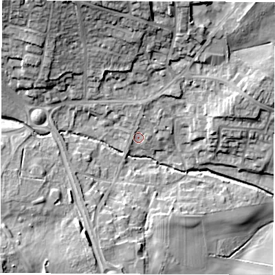 Shaded relief map of the ground around LS268LD, computed from Environment Agency LiDAR. The ground here sits at about 25 m above sea level and falls 26 m across the surrounding 800 m. Surface water reaching this point runs off ground lying to the north-north-east, 2.4 m higher.
