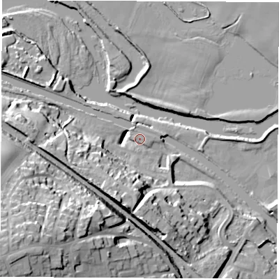 Shaded relief map of the ground around LS268PJ, computed from Environment Agency LiDAR. The ground here sits at about 19 m above sea level and falls 43 m across the surrounding 800 m. Surface water reaching this point runs off ground lying to the south-south-west, 21.8 m higher.