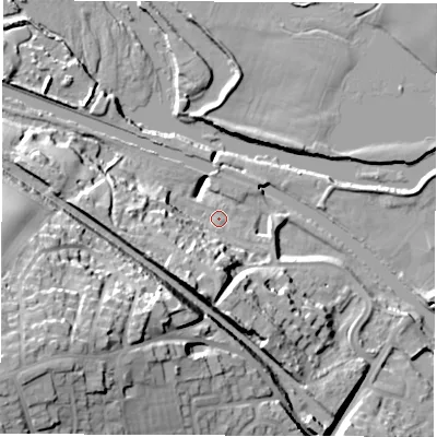 Shaded relief map of the ground around LS268PU, computed from Environment Agency LiDAR. The ground here sits at about 19 m above sea level and falls 43 m across the surrounding 800 m. Surface water reaching this point runs off ground lying to the south, 15.8 m higher.