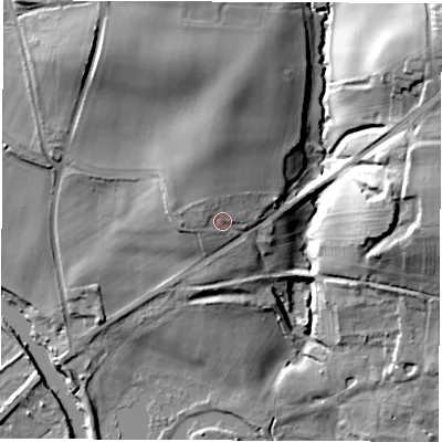 Shaded relief map of the ground around LS268PZ, computed from Environment Agency LiDAR. The ground here sits at about 34 m above sea level and falls 37 m across the surrounding 800 m. Surface water reaching this point runs off ground lying to the north-north-west, 6.1 m higher.