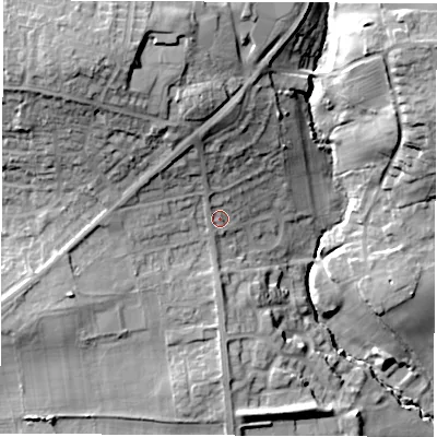 Shaded relief map of the ground around LS268UD, computed from Environment Agency LiDAR. The ground here sits at about 50 m above sea level and falls 34 m across the surrounding 800 m. Surface water reaching this point runs off ground lying to the north-north-west, 8.3 m higher.