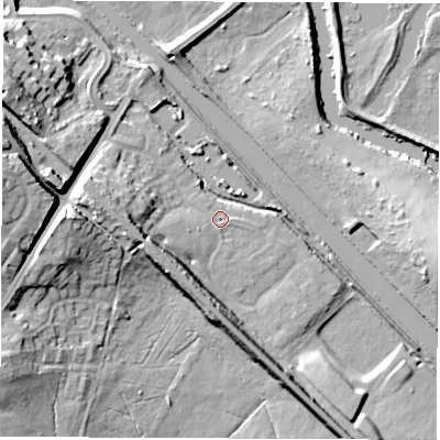 Shaded relief map of the ground around LS268WP, computed from Environment Agency LiDAR. The ground here sits at about 18 m above sea level and falls 22 m across the surrounding 800 m. Surface water reaching this point runs off ground lying to the south-west, 2.6 m higher.