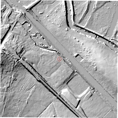 Shaded relief map of the ground around LS268WQ, computed from Environment Agency LiDAR. The ground here sits at about 17 m above sea level and falls 21 m across the surrounding 800 m. Surface water reaching this point runs off ground lying to the west-north-west, 13.9 m higher.