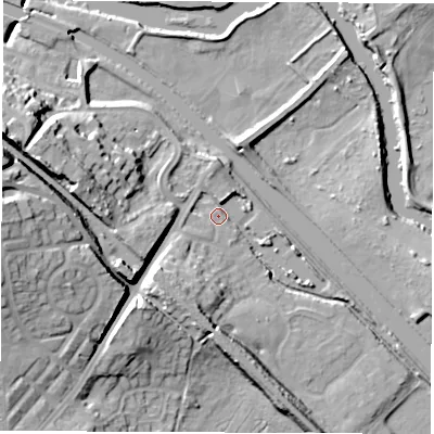Shaded relief map of the ground around LS268WR, computed from Environment Agency LiDAR. The ground here sits at about 18 m above sea level and falls 28 m across the surrounding 800 m. Surface water reaching this point runs off ground lying to the west-north-west, 25.0 m higher.
