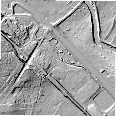 Shaded relief map of the ground around LS268WT, computed from Environment Agency LiDAR. The ground here sits at about 17 m above sea level and falls 24 m across the surrounding 800 m. Surface water reaching this point runs off ground lying to the west, 21.6 m higher.