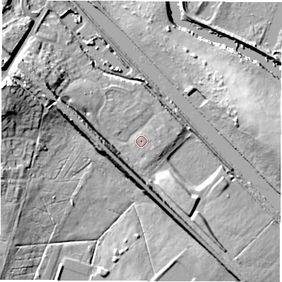 Shaded relief map of the ground around LS268WU, computed from Environment Agency LiDAR. The ground here sits at about 18 m above sea level and falls 21 m across the surrounding 800 m. Surface water reaching this point runs off ground lying to the east-south-east, 0.8 m higher.