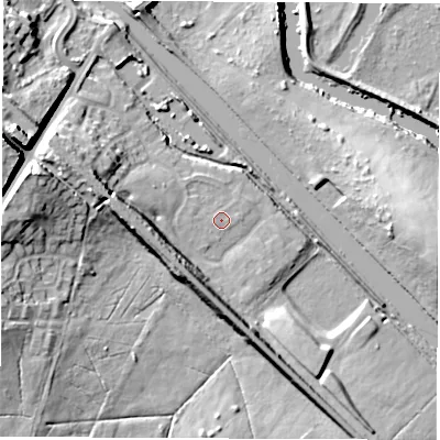 Shaded relief map of the ground around LS268WX, computed from Environment Agency LiDAR. The ground here sits at about 18 m above sea level and falls 20 m across the surrounding 800 m. Surface water reaching this point runs off ground lying to the west, 0.5 m higher.