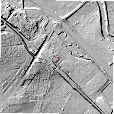 Shaded relief map of the ground around LS268WY, computed from Environment Agency LiDAR. The ground here sits at about 22 m above sea level and falls 28 m across the surrounding 800 m. Surface water reaching this point runs off ground lying to the west-south-west, 6.7 m higher.