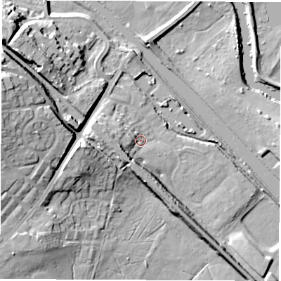 Shaded relief map of the ground around LS268WZ, computed from Environment Agency LiDAR. The ground here sits at about 20 m above sea level and falls 26 m across the surrounding 800 m. Surface water reaching this point runs off ground lying to the west, 8.0 m higher.