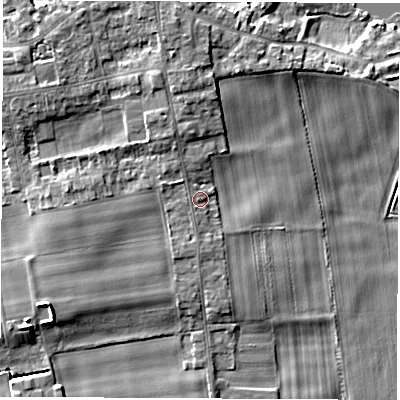 Shaded relief map of the ground around LS269AA, computed from Environment Agency LiDAR. The ground here sits at about 14 m above sea level and falls 7 m across the surrounding 800 m. Surface water reaching this point runs off ground lying to the south, 2.0 m higher.