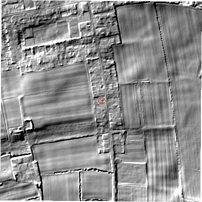 Shaded relief map of the ground around LS269AB, computed from Environment Agency LiDAR. The ground here sits at about 14 m above sea level and falls 6 m across the surrounding 800 m. Surface water reaching this point runs off ground lying to the north, 0.8 m higher.