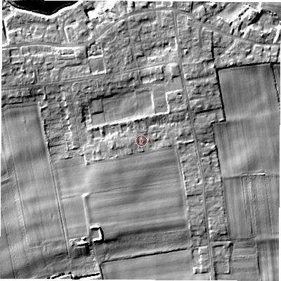 Shaded relief map of the ground around LS269AE, computed from Environment Agency LiDAR. The ground here sits at about 15 m above sea level and falls 12 m across the surrounding 800 m. Surface water reaching this point runs off ground lying to the south-west, 0.8 m higher.