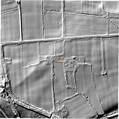 Shaded relief map of the ground around LS269AF, computed from Environment Agency LiDAR. The ground here sits at about 18 m above sea level and falls 18 m across the surrounding 800 m. Surface water reaching this point runs off ground lying to the west, 0.9 m higher.