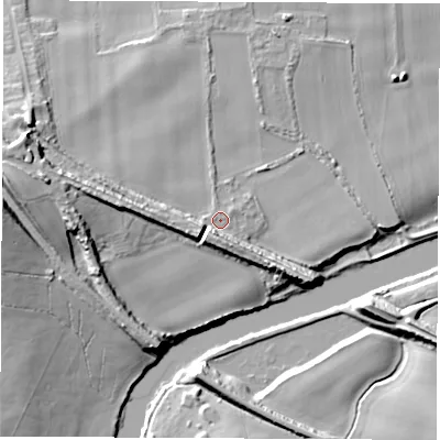 Shaded relief map of the ground around LS269AG, computed from Environment Agency LiDAR. The ground here sits at about 17 m above sea level and falls 19 m across the surrounding 800 m. Surface water reaching this point runs off ground lying to the south-south-west, 4.8 m higher.