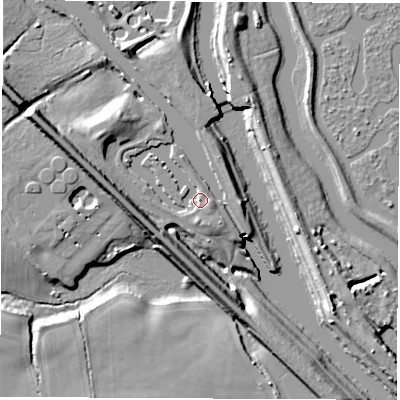 Shaded relief map of the ground around LS269AJ, computed from Environment Agency LiDAR. The ground here sits at about 17 m above sea level and falls 12 m across the surrounding 800 m. Surface water reaching this point runs off ground lying to the east-south-east, 2.2 m higher.