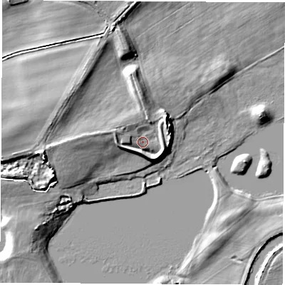 Shaded relief map of the ground around LS269AL, computed from Environment Agency LiDAR. The ground here sits at about 13 m above sea level and falls 9 m across the surrounding 800 m. Surface water reaching this point runs off ground lying to the north-east, 3.9 m higher.