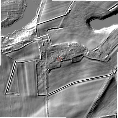 Shaded relief map of the ground around LS269AP, computed from Environment Agency LiDAR. The ground here sits at about 15 m above sea level and falls 8 m across the surrounding 800 m. Surface water reaching this point runs off ground lying to the north-east, 1.1 m higher.