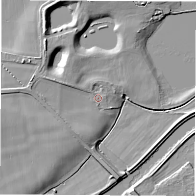 Shaded relief map of the ground around LS269AQ, computed from Environment Agency LiDAR. The ground here sits at about 14 m above sea level and falls 9 m across the surrounding 800 m. Surface water reaching this point runs off ground lying to the west-north-west, 3.9 m higher.