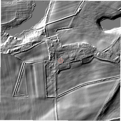 Shaded relief map of the ground around LS269AR, computed from Environment Agency LiDAR. The ground here sits at about 14 m above sea level and falls 8 m across the surrounding 800 m. Surface water reaching this point runs off ground lying to the east-north-east, 2.1 m higher.