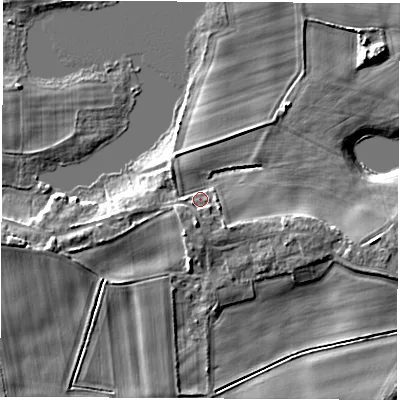 Shaded relief map of the ground around LS269AS, computed from Environment Agency LiDAR. The ground here sits at about 14 m above sea level and falls 8 m across the surrounding 800 m. Surface water reaching this point runs off ground lying to the south, 2.9 m higher.
