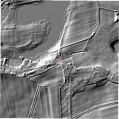 Shaded relief map of the ground around LS269AT, computed from Environment Agency LiDAR. The ground here sits at about 14 m above sea level and falls 8 m across the surrounding 800 m. Surface water reaching this point runs off ground lying to the south-east, 2.6 m higher.