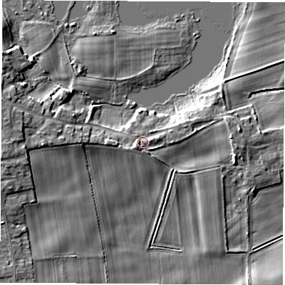 Shaded relief map of the ground around LS269AU, computed from Environment Agency LiDAR. The ground here sits at about 14 m above sea level and falls 7 m across the surrounding 800 m. Surface water reaching this point runs off ground lying to the south-west, 2.3 m higher.
