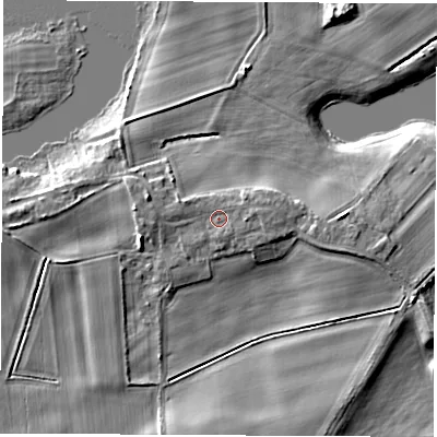Shaded relief map of the ground around LS269AW, computed from Environment Agency LiDAR. The ground here sits at about 15 m above sea level and falls 8 m across the surrounding 800 m. Surface water reaching this point runs off ground lying to the east-north-east, 1.6 m higher.