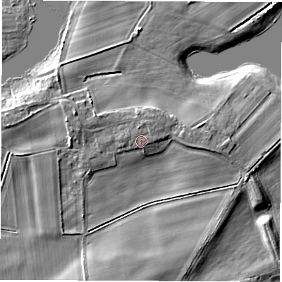 Shaded relief map of the ground around LS269AX, computed from Environment Agency LiDAR. The ground here sits at about 15 m above sea level and falls 8 m across the surrounding 800 m. Surface water reaching this point runs off ground lying to the north-north-east, 1.3 m higher.