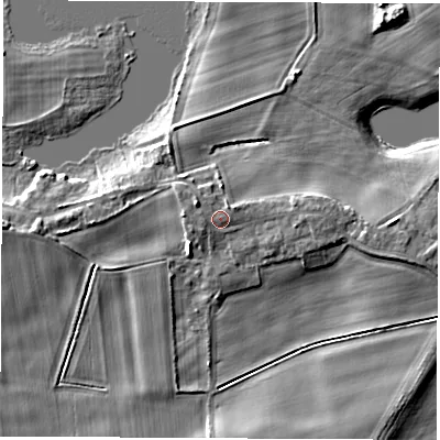 Shaded relief map of the ground around LS269AY, computed from Environment Agency LiDAR. The ground here sits at about 15 m above sea level and falls 8 m across the surrounding 800 m. Surface water reaching this point runs off ground lying to the west, 1.0 m higher.