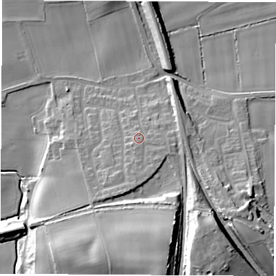 Shaded relief map of the ground around LS269BA, computed from Environment Agency LiDAR. The ground here sits at about 20 m above sea level and falls 25 m across the surrounding 800 m. Surface water reaching this point runs off ground lying to the south-south-east, 2.6 m higher.