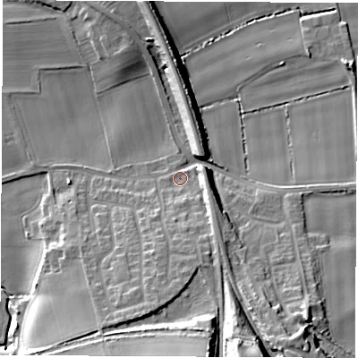 Shaded relief map of the ground around LS269BB, computed from Environment Agency LiDAR. The ground here sits at about 14 m above sea level and falls 24 m across the surrounding 800 m. Surface water reaching this point runs off ground lying to the south-south-east, 18.0 m higher.