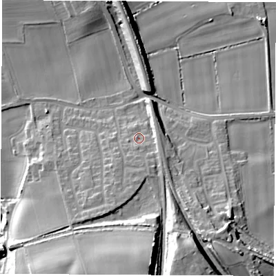 Shaded relief map of the ground around LS269BD, computed from Environment Agency LiDAR. The ground here sits at about 17 m above sea level and falls 25 m across the surrounding 800 m. Surface water reaching this point runs off ground lying to the south, 16.0 m higher.