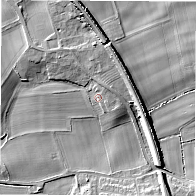 Shaded relief map of the ground around LS269BJ, computed from Environment Agency LiDAR. The ground here sits at about 16 m above sea level and falls 14 m across the surrounding 800 m. Surface water reaching this point runs off ground lying to the north-east, 3.9 m higher.