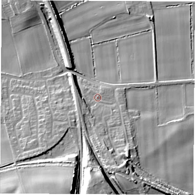 Shaded relief map of the ground around LS269BQ, computed from Environment Agency LiDAR. The ground here sits at about 16 m above sea level and falls 21 m across the surrounding 800 m. Surface water reaching this point runs off ground lying to the south, 16.8 m higher.