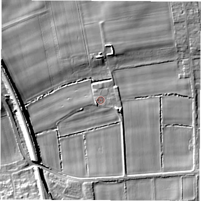 Shaded relief map of the ground around LS269BT, computed from Environment Agency LiDAR. The ground here sits at about 15 m above sea level and falls 11 m across the surrounding 800 m. Surface water reaching this point runs off ground lying to the south-west, 1.6 m higher.