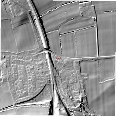 Shaded relief map of the ground around LS269BU, computed from Environment Agency LiDAR. The ground here sits at about 14 m above sea level and falls 21 m across the surrounding 800 m. Surface water reaching this point runs off ground lying to the south-south-west, 7.4 m higher.
