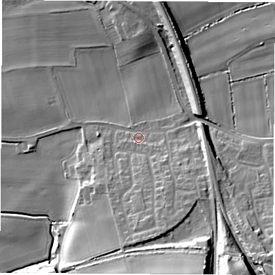 Shaded relief map of the ground around LS269BX, computed from Environment Agency LiDAR. The ground here sits at about 14 m above sea level and falls 25 m across the surrounding 800 m. Surface water reaching this point runs off ground lying to the south-south-east, 2.5 m higher.