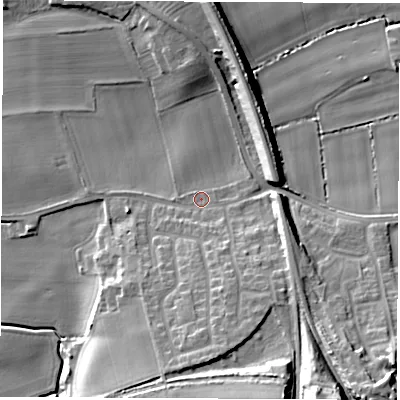Shaded relief map of the ground around LS269BY, computed from Environment Agency LiDAR. The ground here sits at about 13 m above sea level and falls 24 m across the surrounding 800 m. Surface water reaching this point runs off ground lying to the south-south-east, 8.6 m higher.